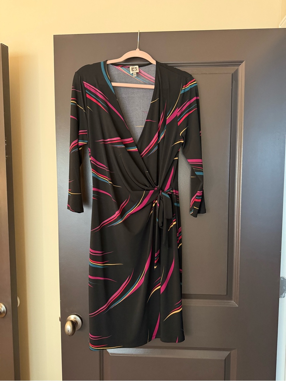 Anne Klein Black Wrap Dress with Pink and Teal Stripes